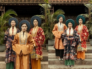 Hoa hậu Đỗ Thị Hà, diễn viên Thúy Diễm và ca sĩ Phúc Anh diện Việt phục
