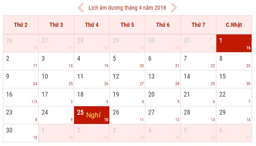 Lịch nghỉ lễ 30/4, 1/5 và giỗ Tổ Hùng Vương năm 2018