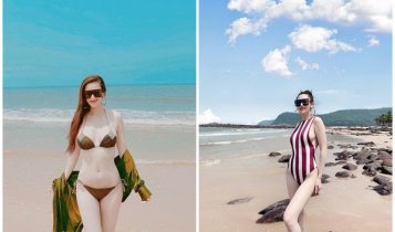 Quế Vân khoe hình thể trong bộ bikini giữa biển