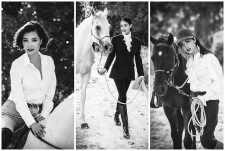 Hà Kiều Anh, Giáng My, Vũ Cẩm Nhung hoá quý cô cưỡi ngựa với bộ ảnh đen trắng