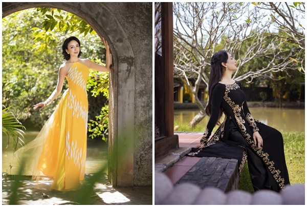 Hoa hậu Ngọc Diễm tạo dáng với áo dài
