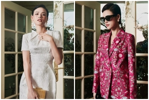 Người mẫu Tuyết Lan diện trang phục tôn dáng, chất liệu gấm